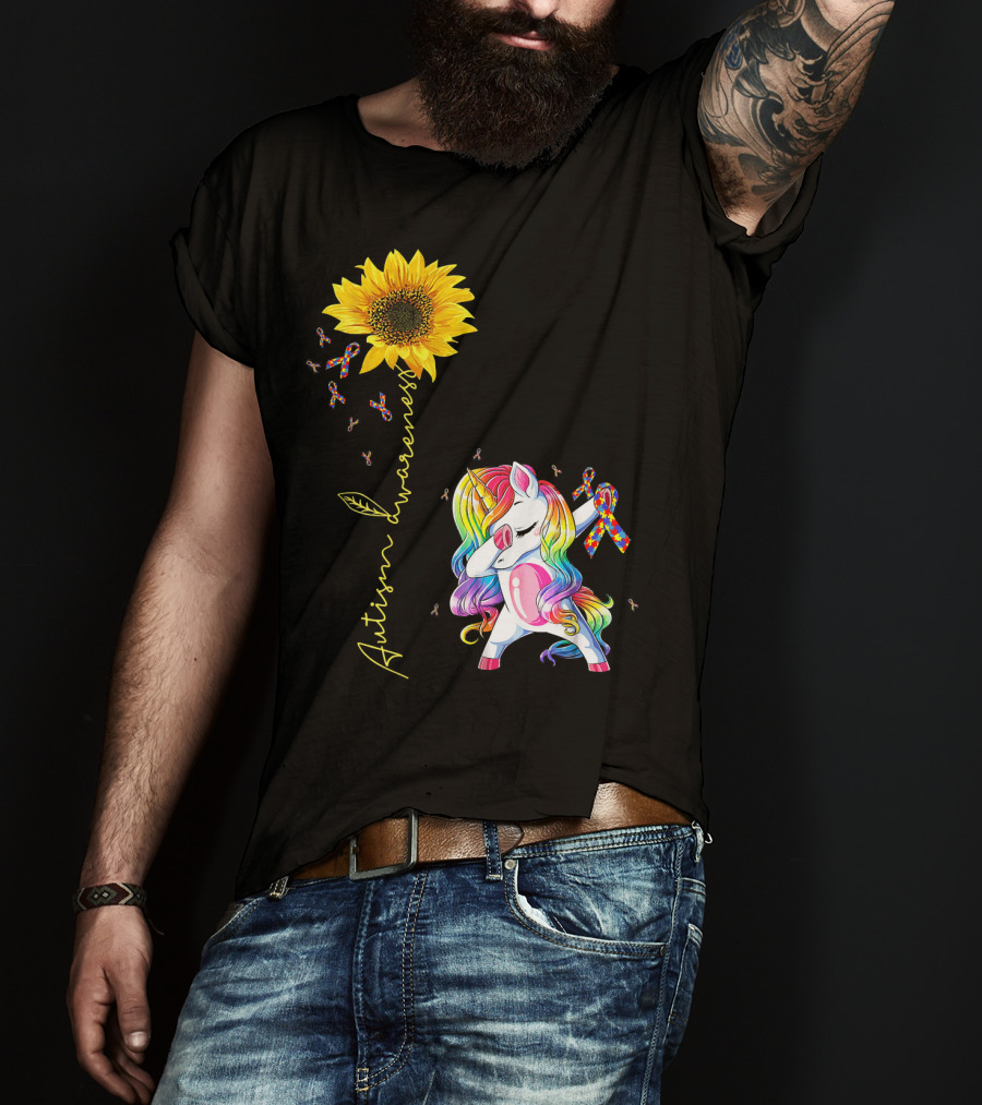 Autism Awareness Unicorn With Rainbow Ribbon Sunflower T-Shirt