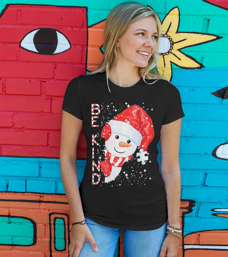 Be Kind Snowman Santa Hat Autism Puzzle Piece Holiday T-Shirt
