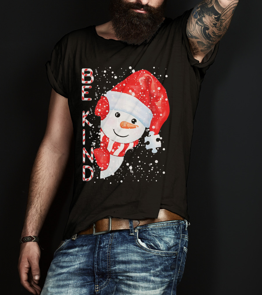 Be Kind Snowman Santa Hat Autism Puzzle Piece Holiday T-Shirt