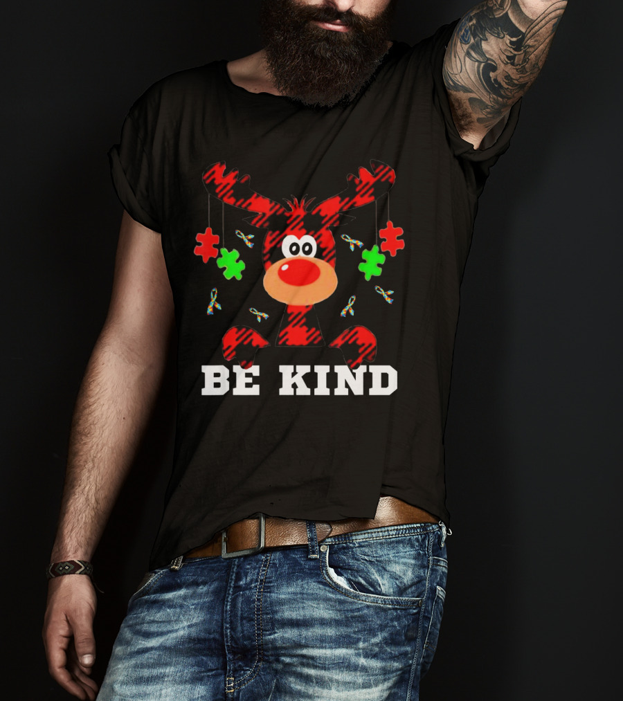 Be Kind Autism Awareness Christmas Reindeer Puzzle Pieces T-Shirt