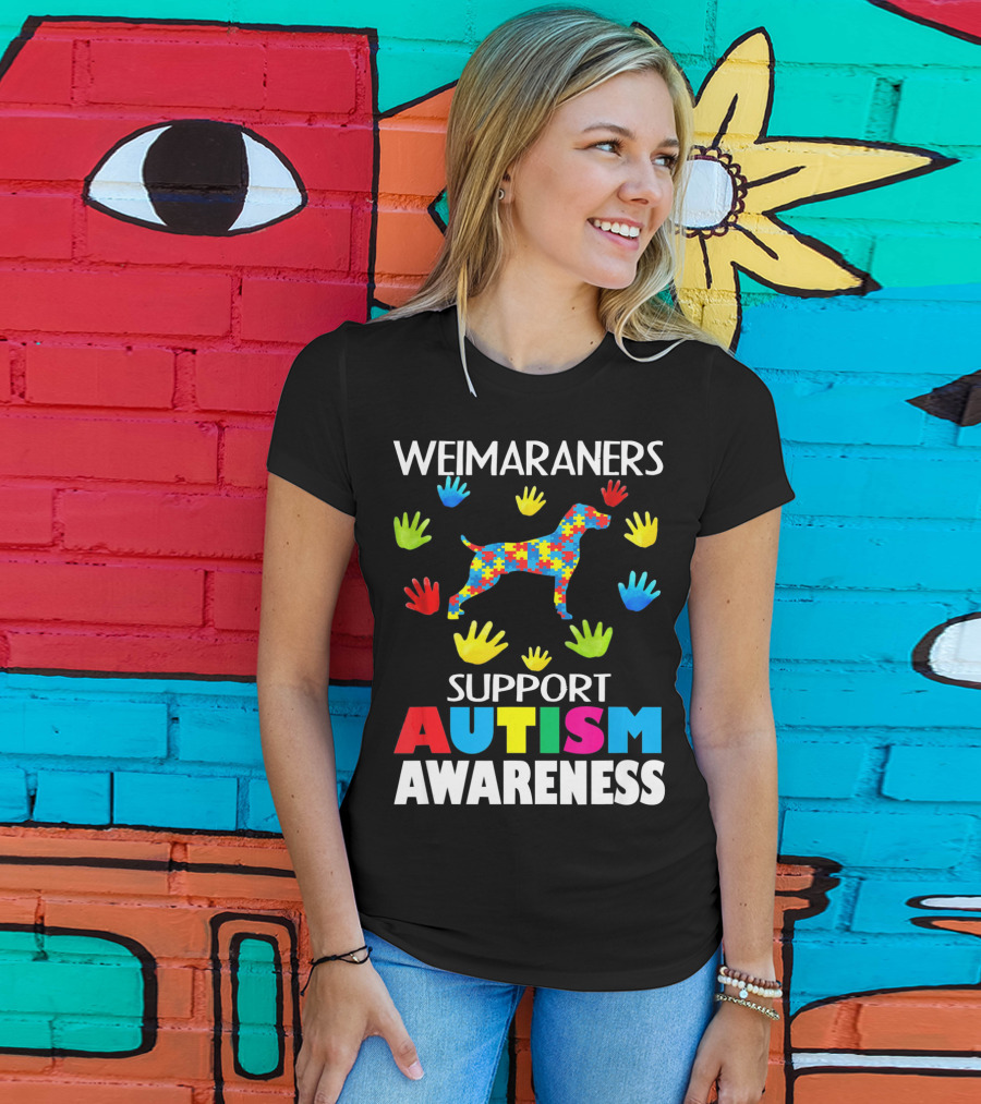 Weimaraners Support Autism Awareness Puzzle Piece Dog With Colorful Hands T-Shirt