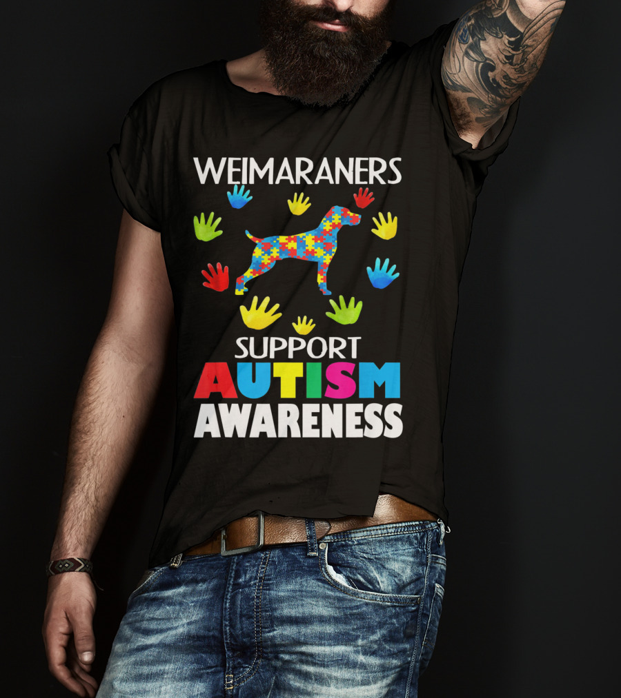 Weimaraners Support Autism Awareness Puzzle Piece Dog With Colorful Hands T-Shirt