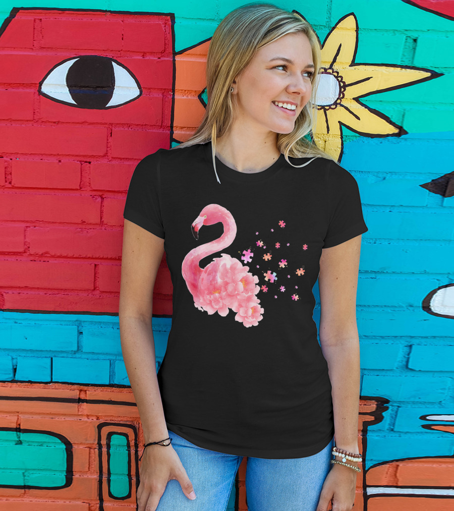 Flamingo Puzzle Autism Awareness Floral Elements T-Shirt