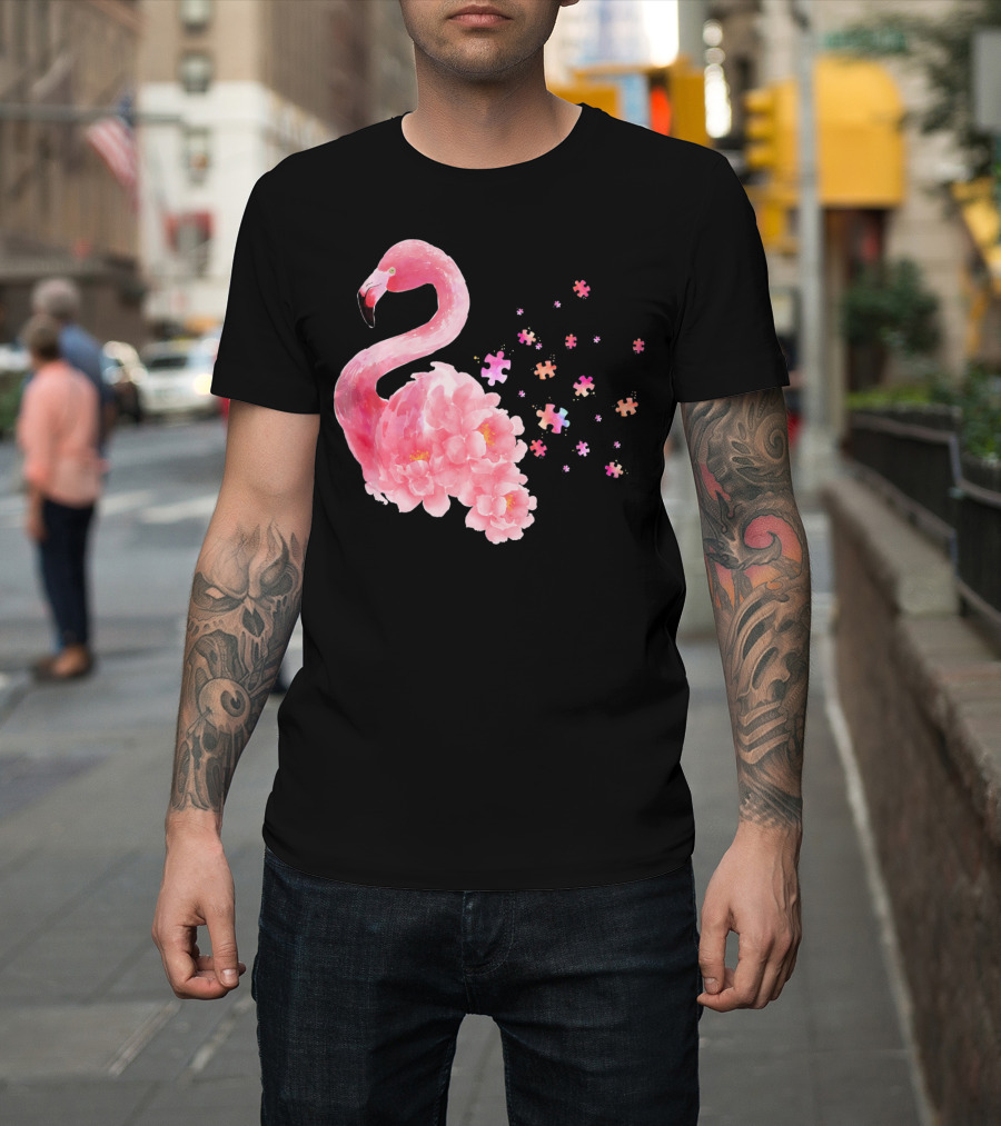 Flamingo Puzzle Autism Awareness Floral Elements T-Shirt