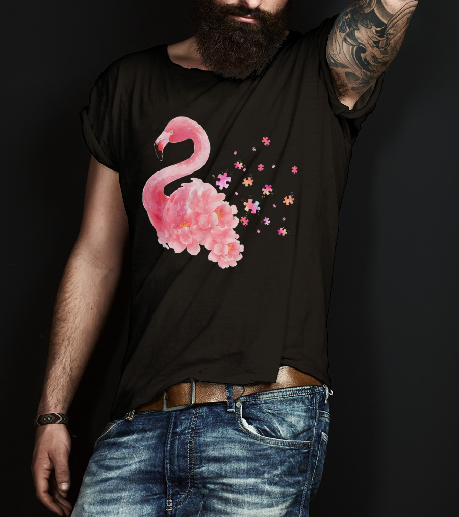 Flamingo Puzzle Autism Awareness Floral Elements T-Shirt