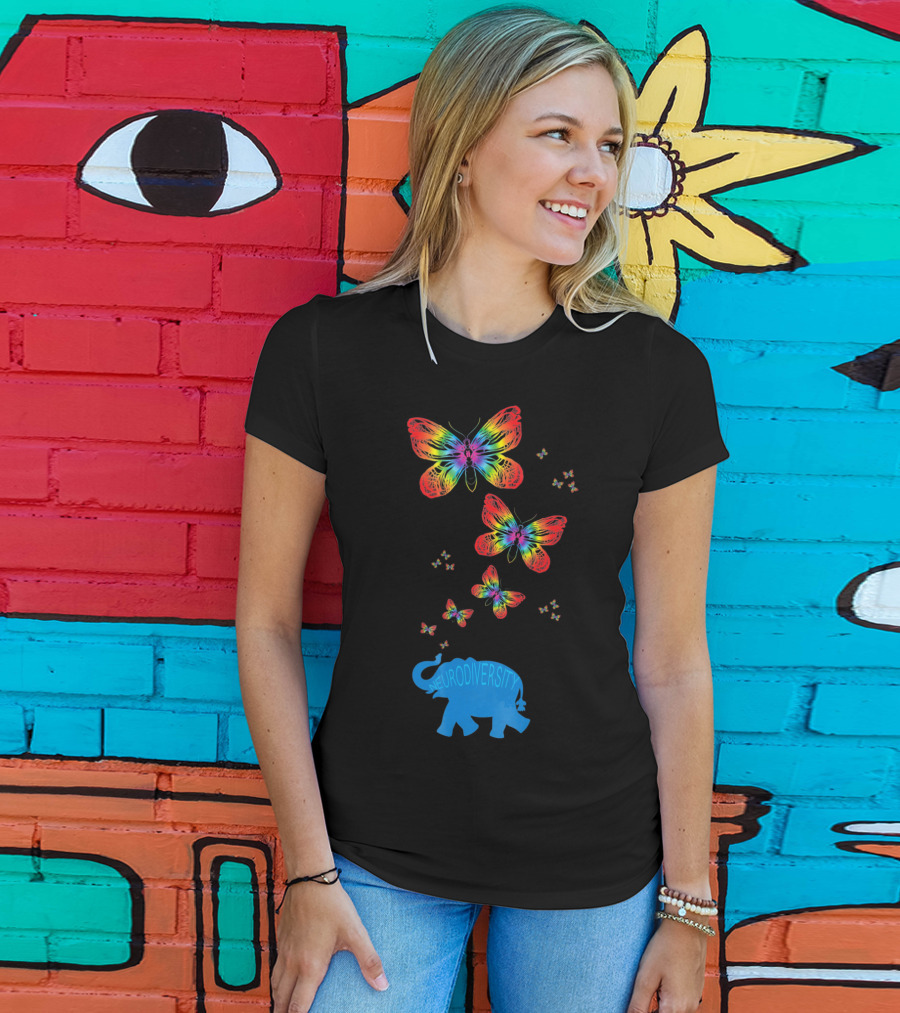 Neurodiversity Autism Elephant With Rainbow Butterflies T-Shirt