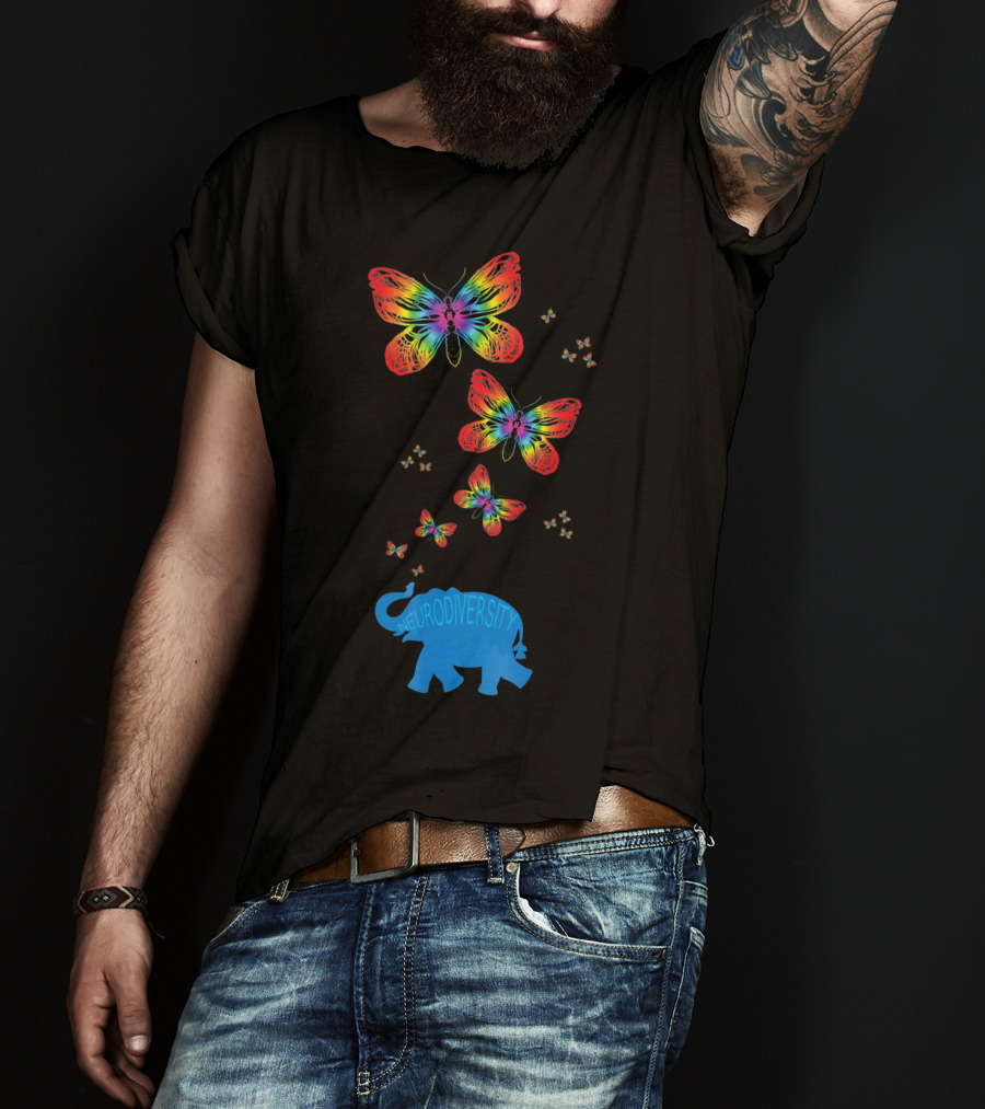 Neurodiversity Autism Elephant With Rainbow Butterflies T-Shirt