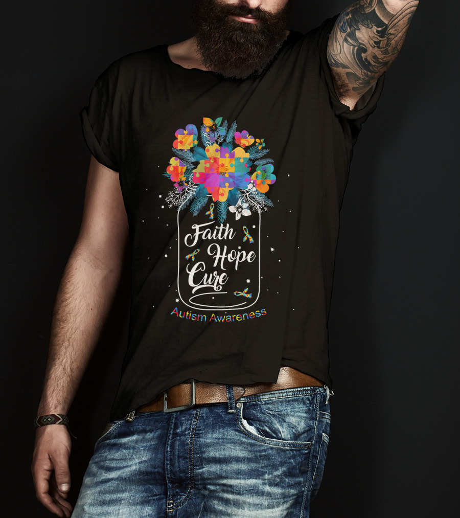 Faith Hope Cure Autism Awareness Flower Puzzle T-Shirt