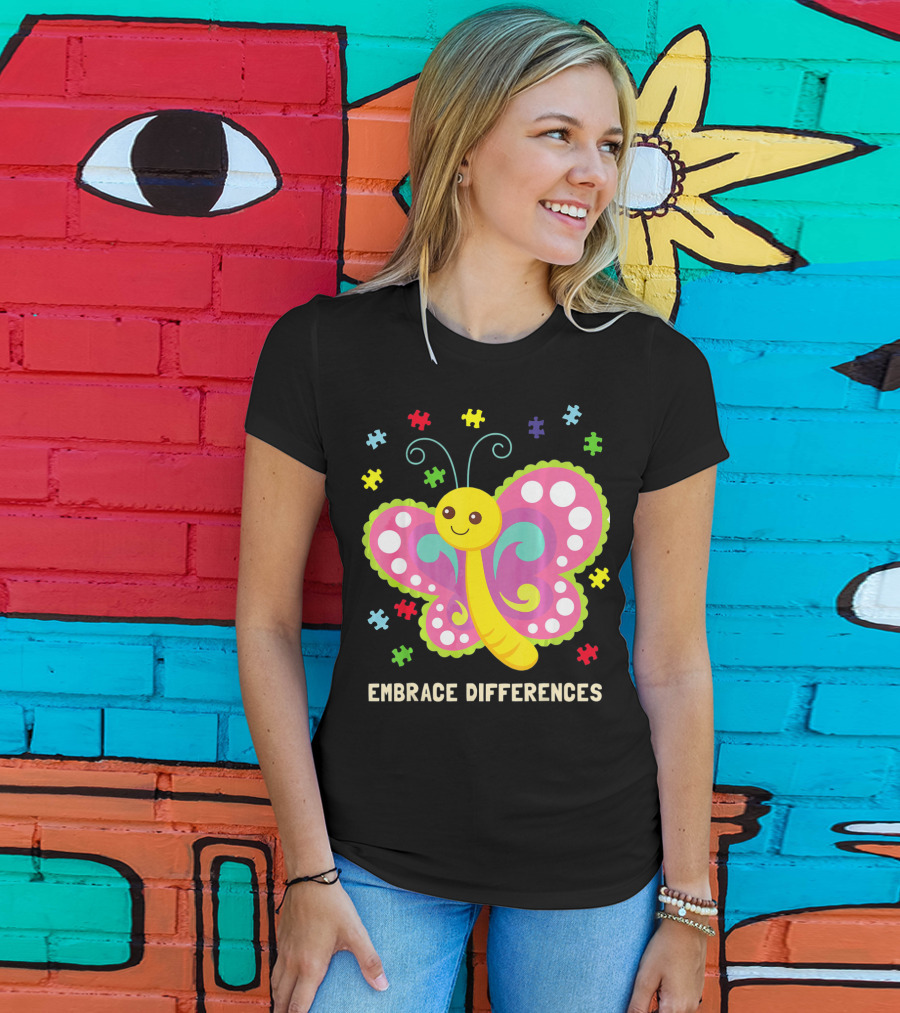 Embrace Differences Autism Awareness Boy Girl Butterfly Puzzle Pieces T-Shirt