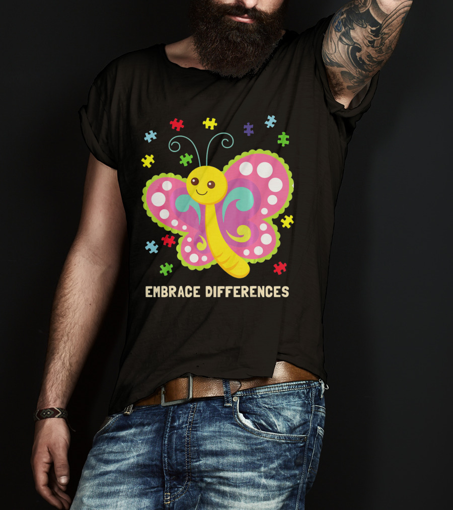 Embrace Differences Autism Awareness Boy Girl Butterfly Puzzle Pieces T-Shirt