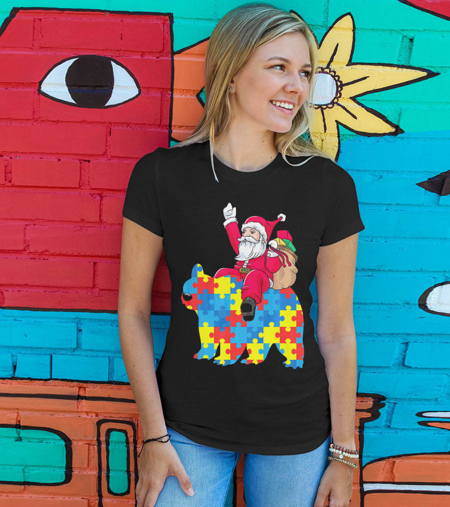 Santa Claus Riding Puzzle Piece Bear Autism Awareness T-Shirt