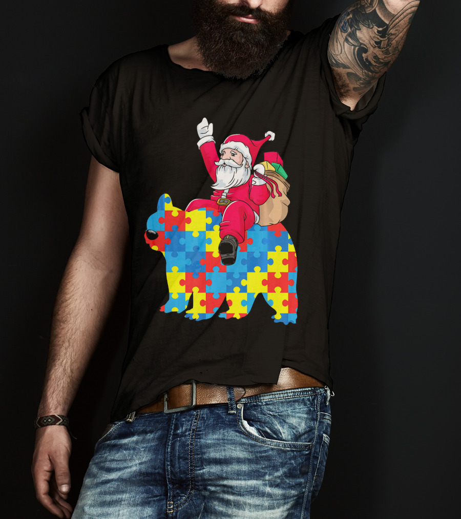 Santa Claus Riding Puzzle Piece Bear Autism Awareness T-Shirt