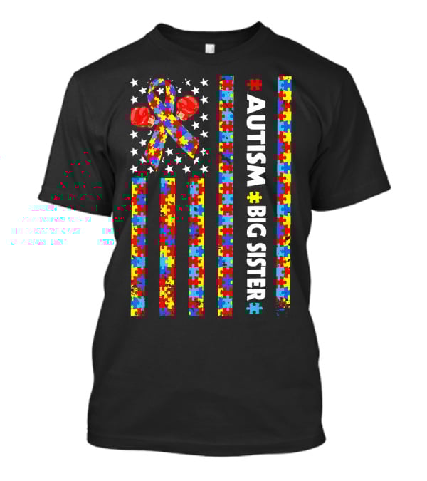 Autism Awareness American Flag Big Sister Puzzle Ribbon Boxing Gloves T-Shirt