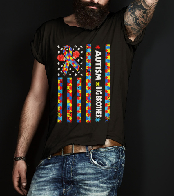 Autism Big Brother American Flag Puzzle Pattern Awareness T-Shirt