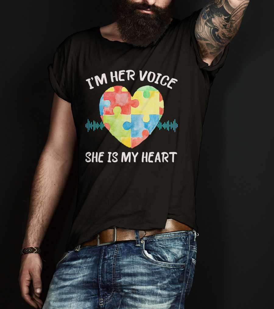 I'M HER VOICE SHE IS MY HEART Autism Puzzle Heart T-Shirt