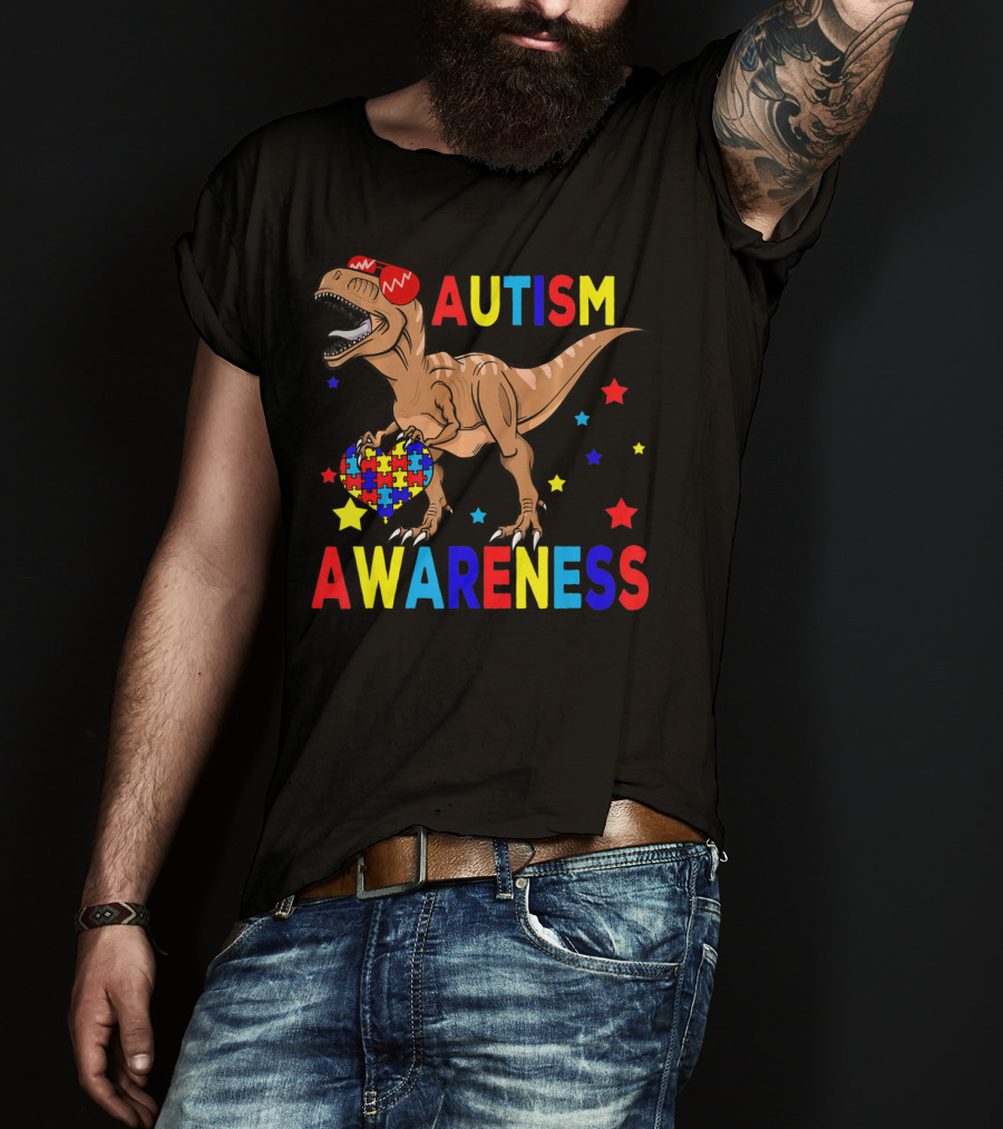 Cool Rex Dino Autism Awareness Puzzle Heart And Stars T-Shirt
