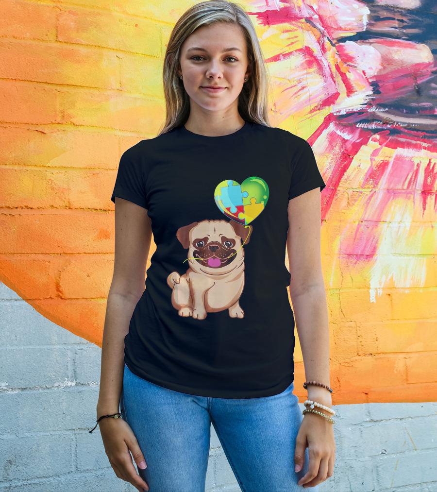 Autism Awareness Pug Puppy Heart Puzzle Balloon T-Shirt