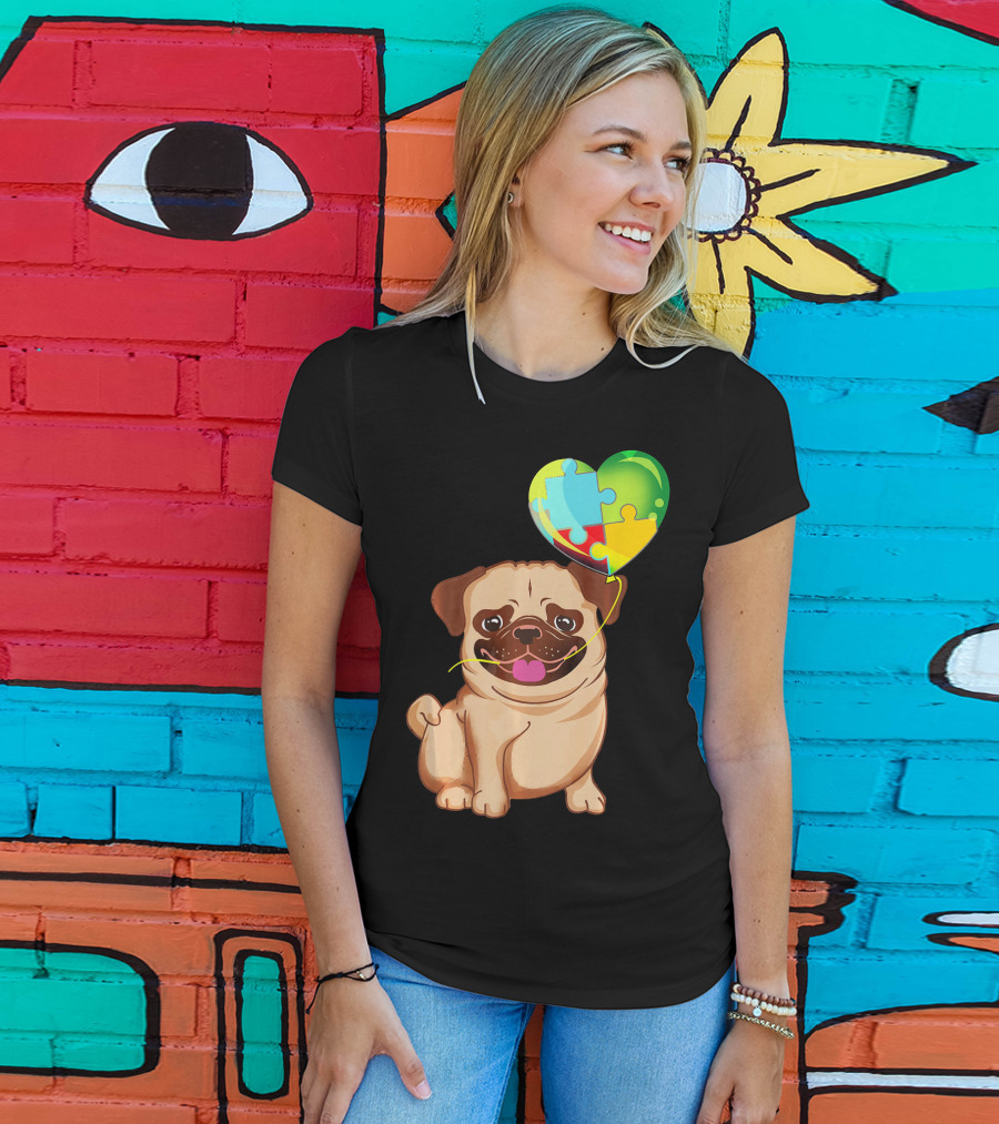Autism Awareness Pug Puppy Heart Puzzle Balloon T-Shirt
