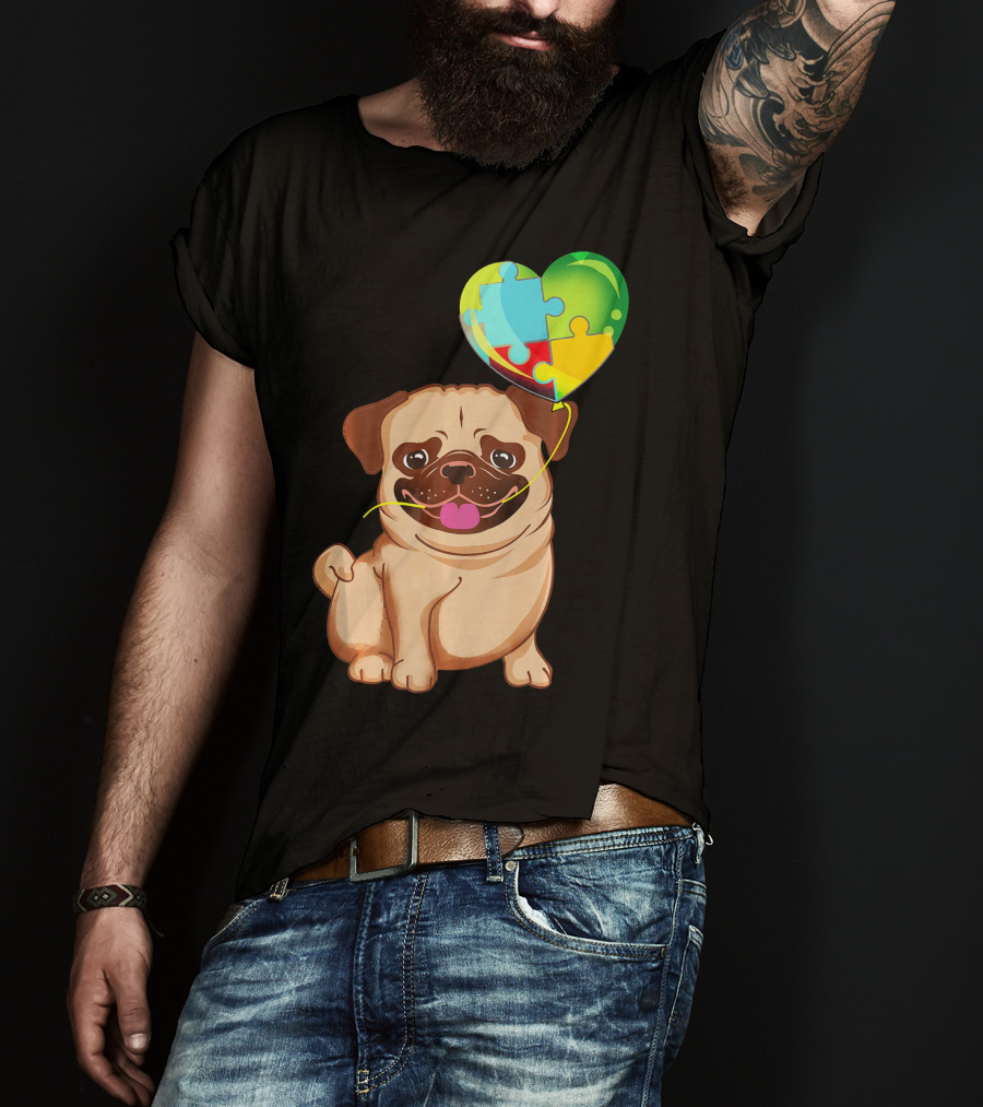 Autism Awareness Pug Puppy Heart Puzzle Balloon T-Shirt