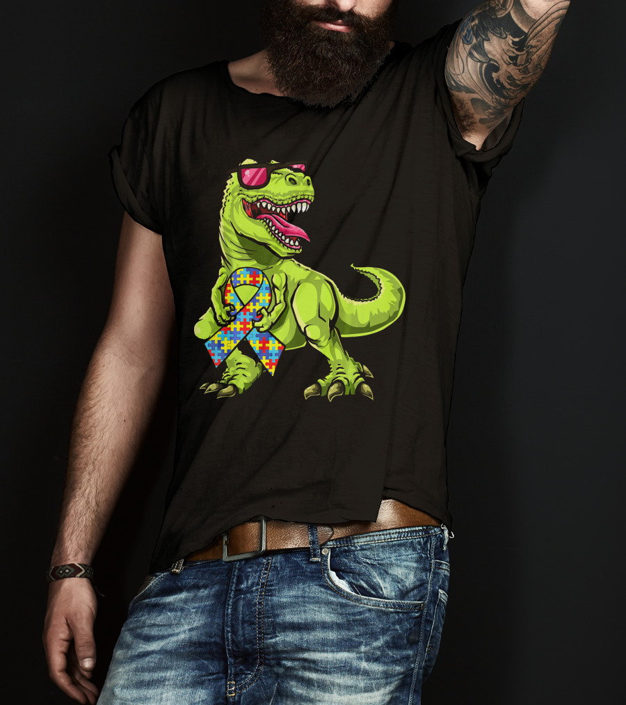 Dinosaur Rex With Autism Awareness Puzzle Ribbon And Sunglasses T-Shirt