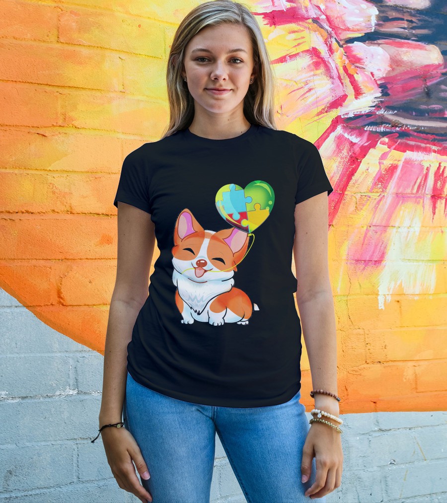 Autism Awareness Corgi Puppy With Heart Balloon Puzzle T-Shirt