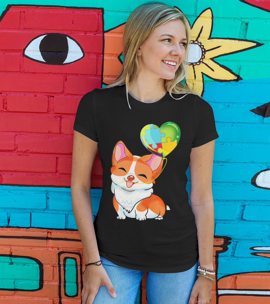 Autism Awareness Corgi Puppy With Heart Balloon Puzzle T-Shirt