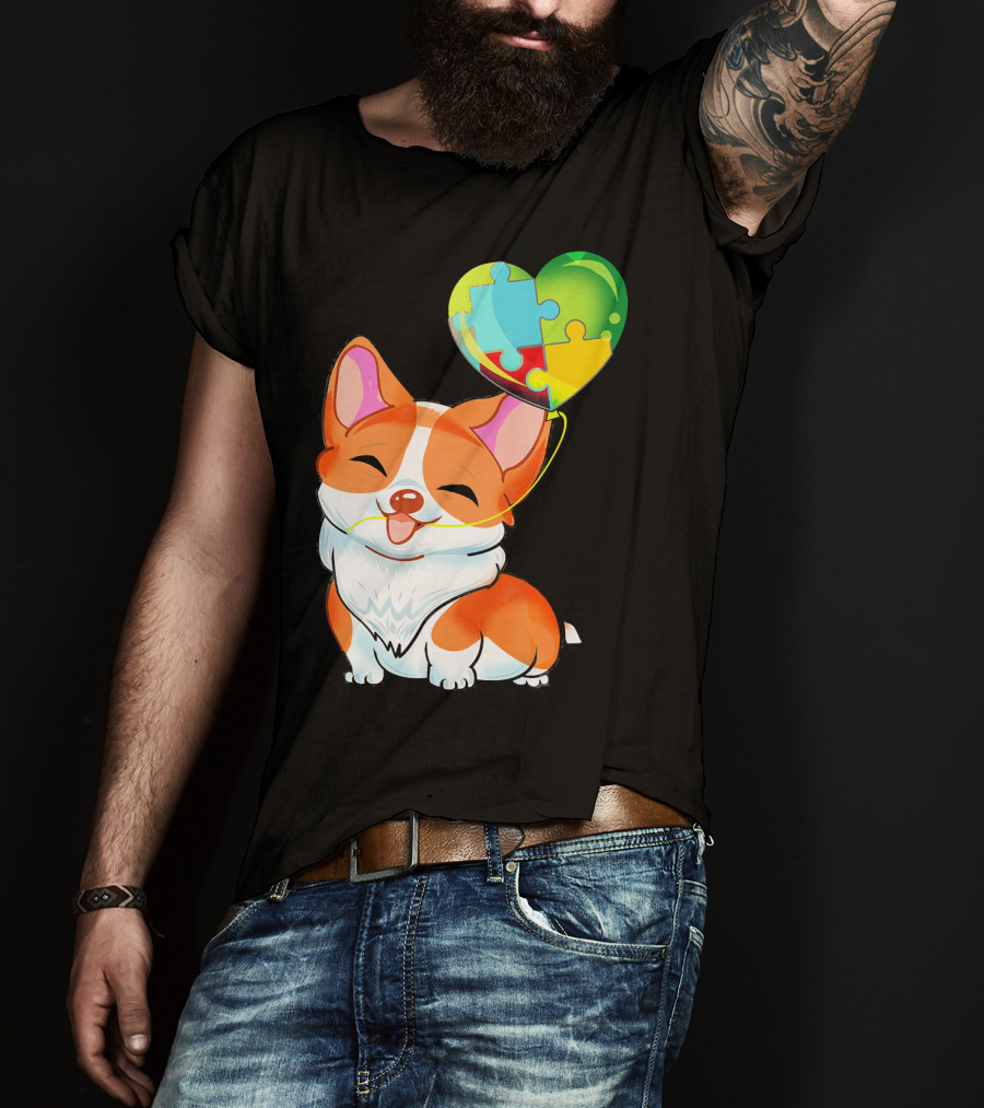 Autism Awareness Corgi Puppy With Heart Balloon Puzzle T-Shirt