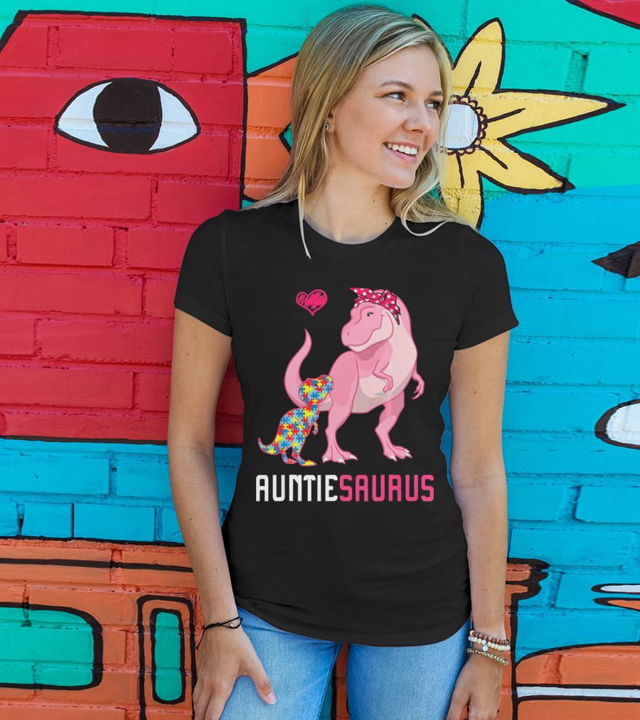 Auntiesaurus Dinosaur Puzzle Piece Heart Autism Awareness T-Shirt