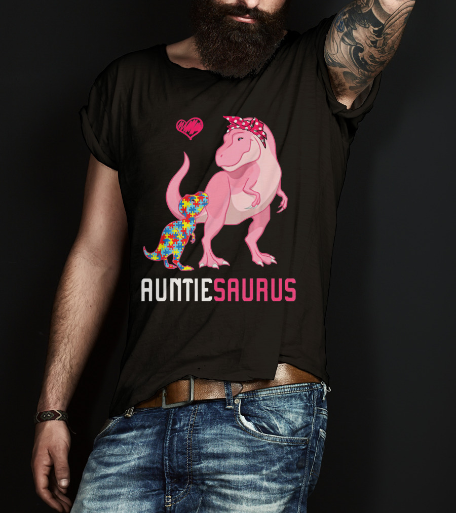 Auntiesaurus Dinosaur Puzzle Piece Heart Autism Awareness T-Shirt