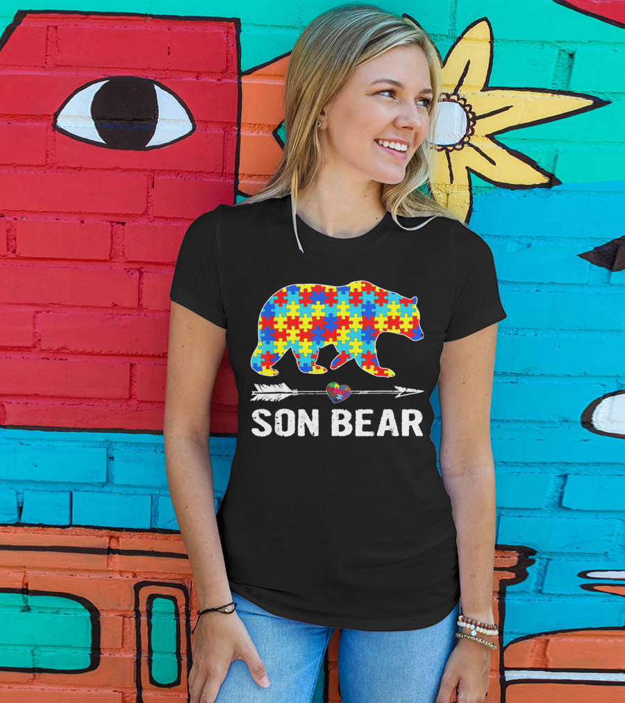 Son Bear Autism Awareness Puzzle Heart Arrow T-Shirt