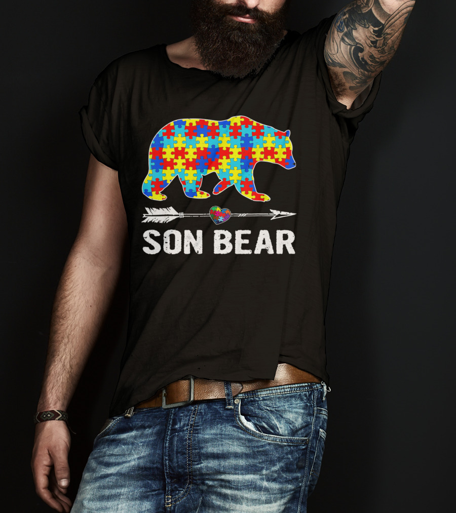 Son Bear Autism Awareness Puzzle Heart Arrow T-Shirt