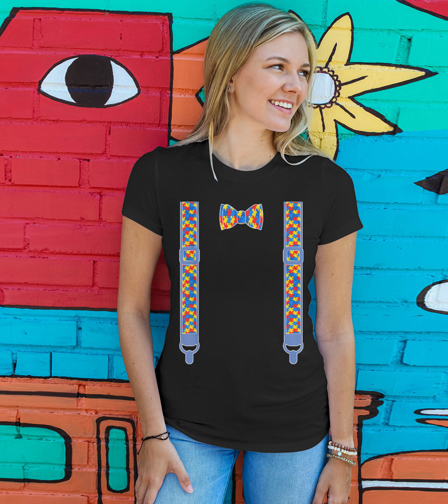 Autism Awareness Puzzle Pattern Bow Tie And Suspenders T-Shirt