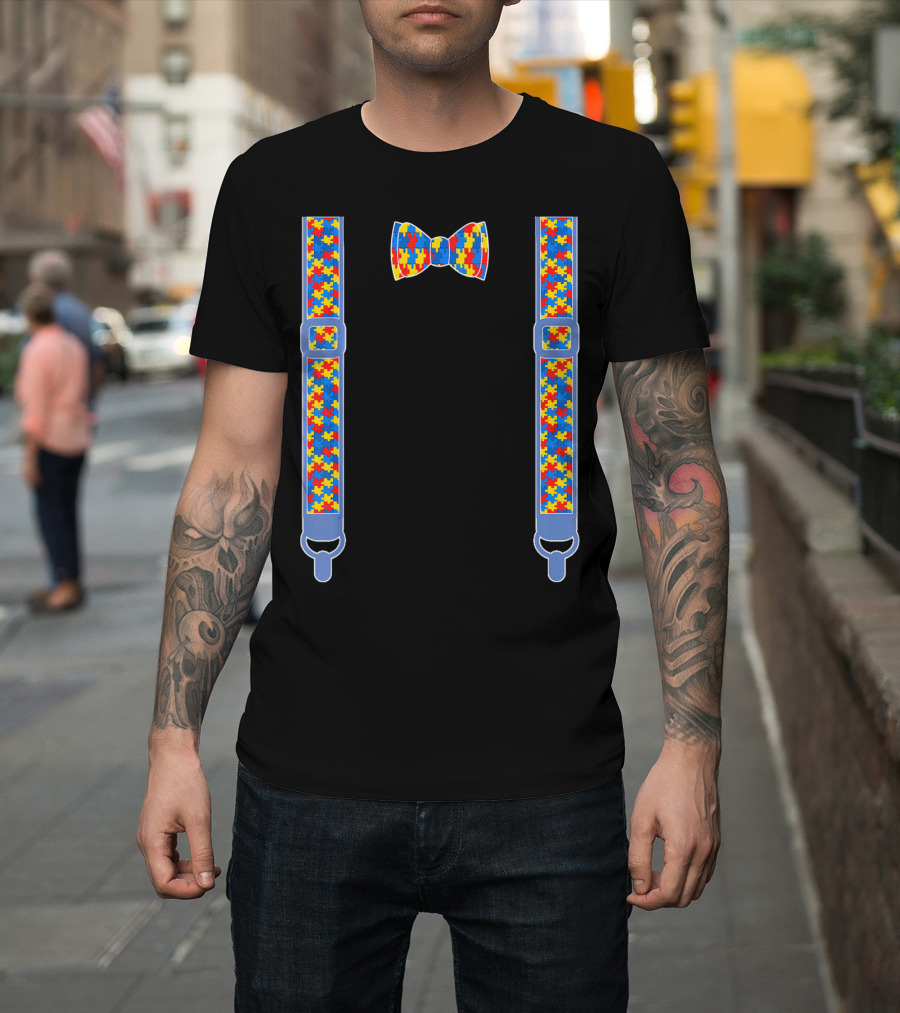 Autism Awareness Puzzle Pattern Bow Tie And Suspenders T-Shirt