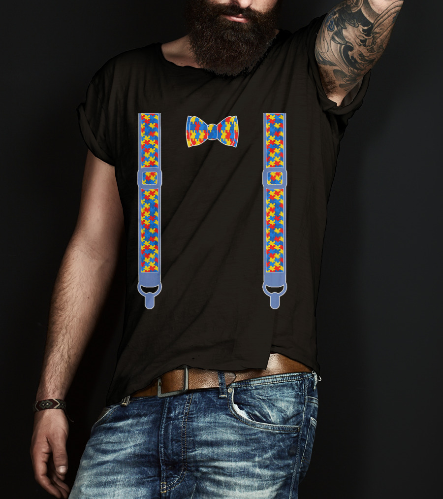 Autism Awareness Puzzle Pattern Bow Tie And Suspenders T-Shirt