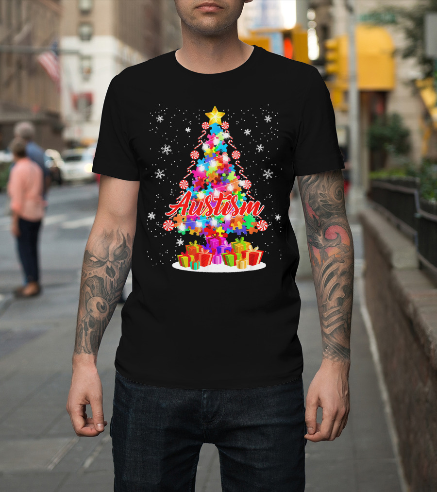 Autism Puzzle Christmas Tree with Presents and Snowflakes T-Shirt