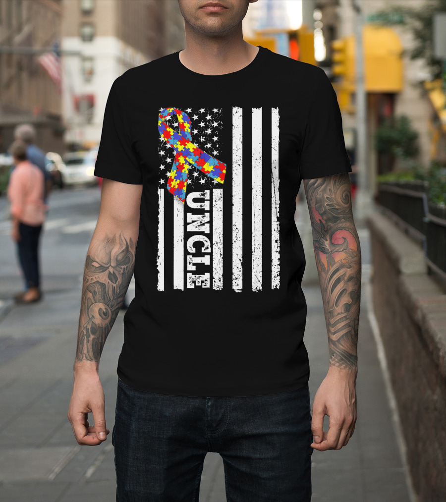 UNCLE Puzzle Ribbon American Flag Autism Awareness T-Shirt