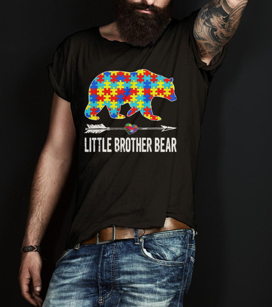 Proud Little Brother Bear Autism Awareness Puzzle T-Shirt