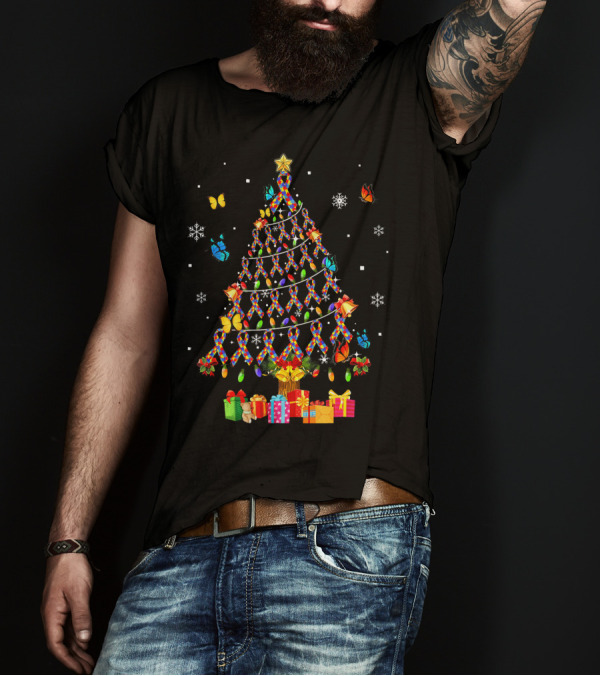 Autism Awareness Christmas Tree With Ribbons Butterflies And Snowflakes T-Shirt