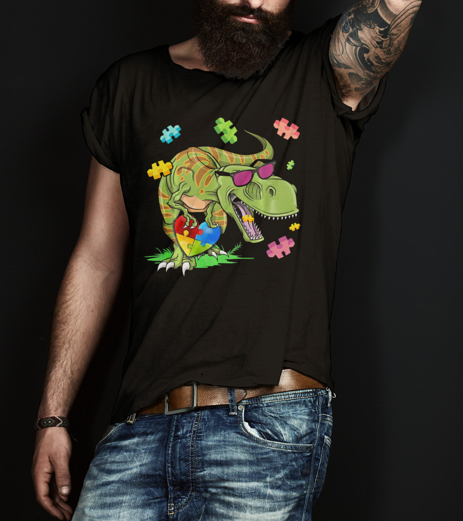 T Rex Dinosaur Autism Awareness Puzzle Heart Sunglasses T-Shirt