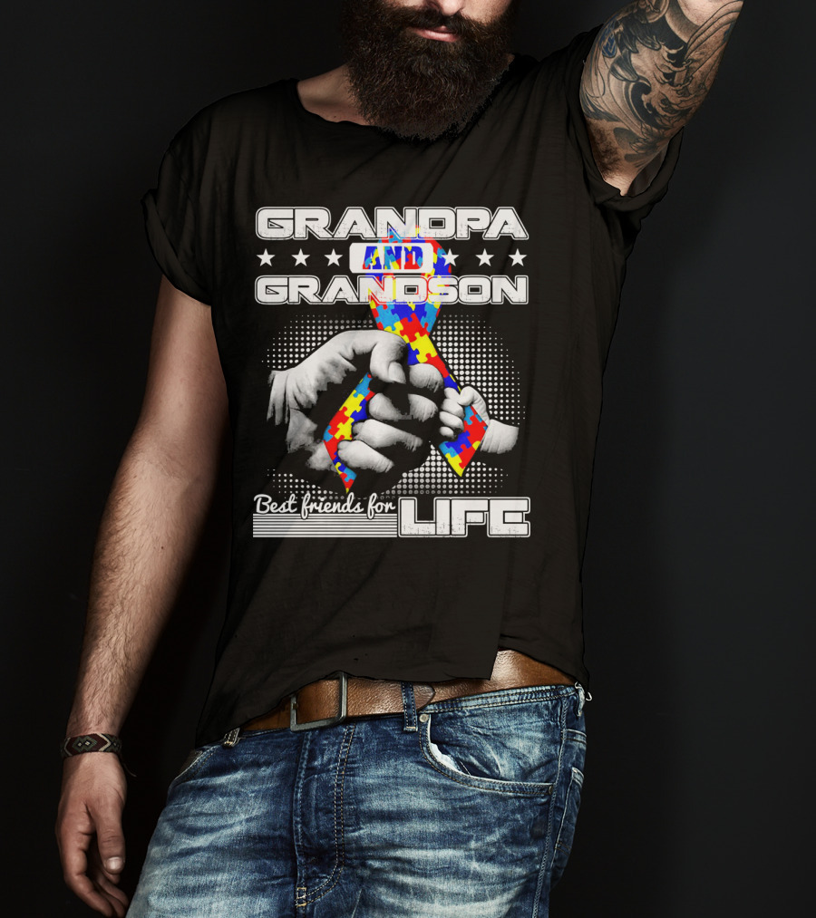 Grandpa And Grandson Best Friends For Life With Autism Puzzle T-Shirt