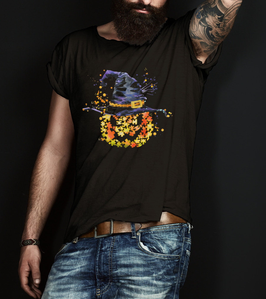 Witch Hat Pumpkin Puzzle Autism Awareness T-Shirt