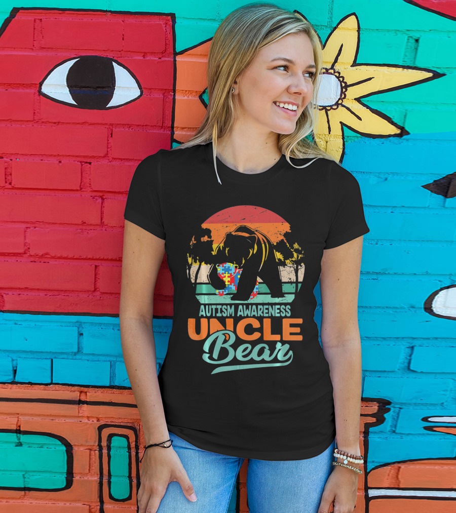 Autism Awareness Uncle Bear Puzzle Sunset T-Shirt