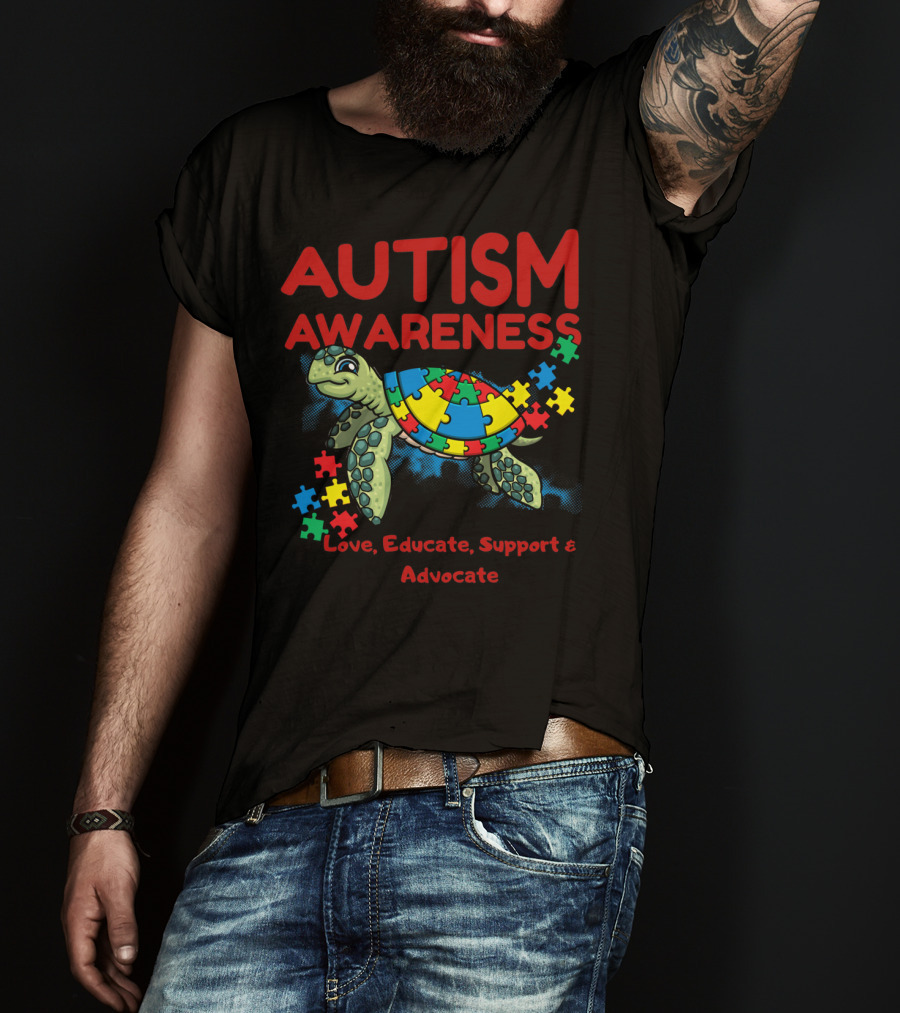Autism Awareness Love Educate Support Advocate Puzzle Turtle T-Shirt