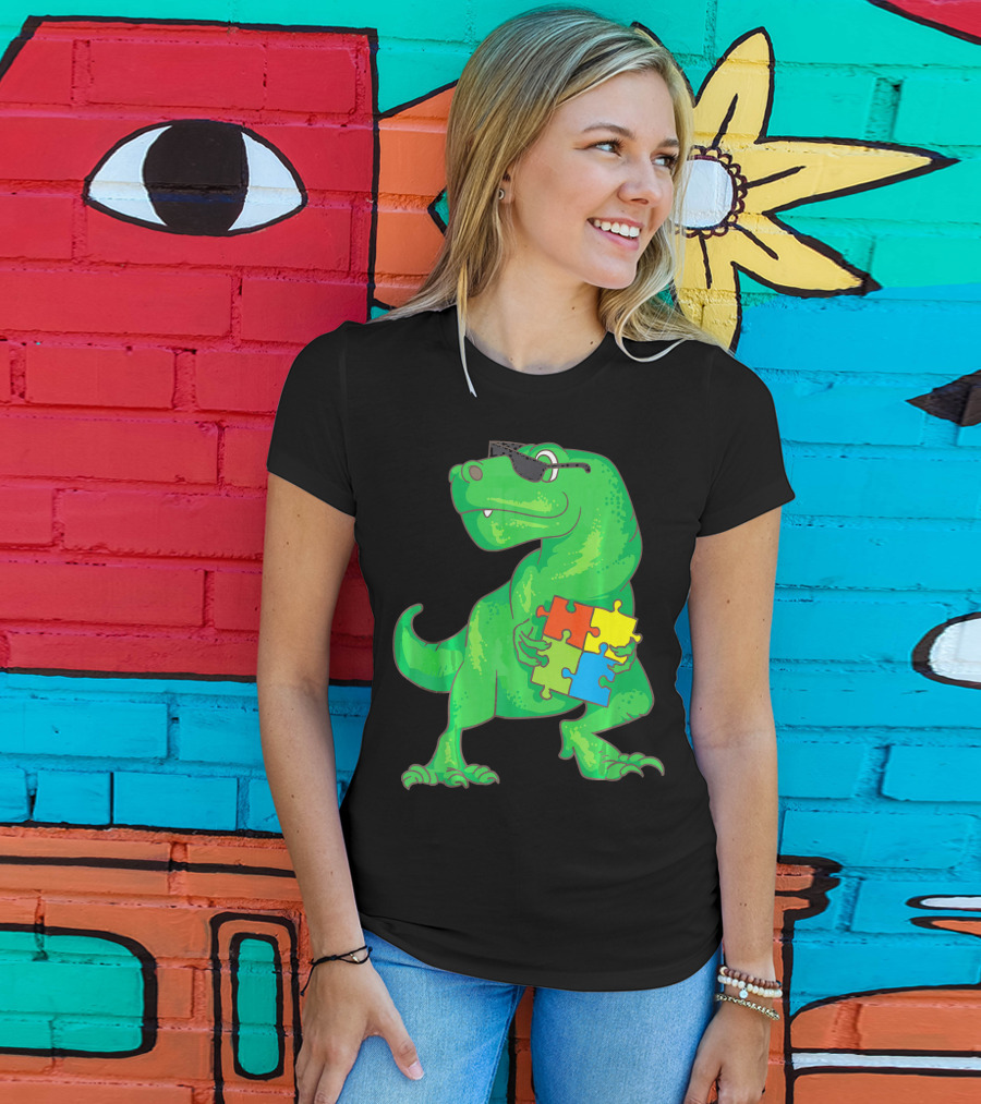 Autism Awareness Month Dinosaur Holding Puzzle Pieces T-Shirt