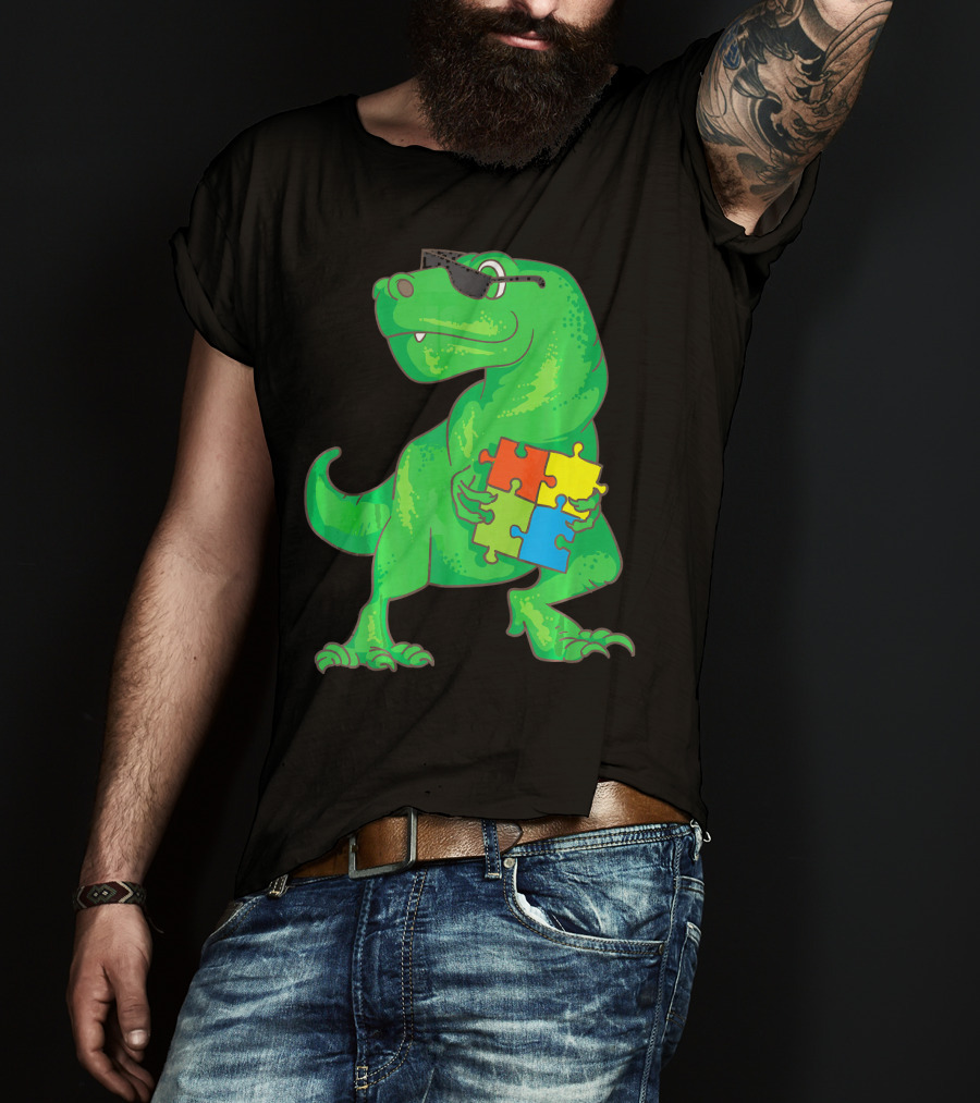 Autism Awareness Month Dinosaur Holding Puzzle Pieces T-Shirt