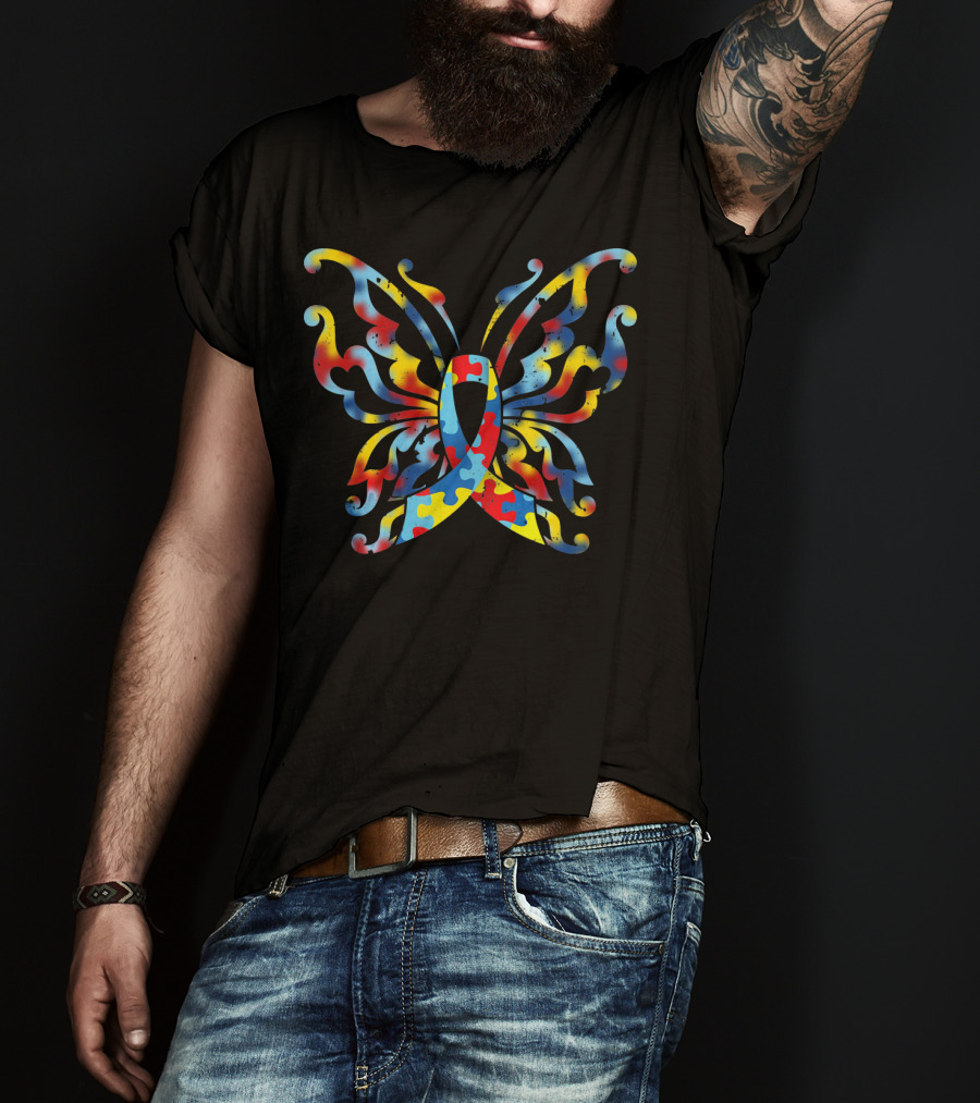 Autism Awareness Butterfly Puzzle Ribbon Multi-Color T-Shirt
