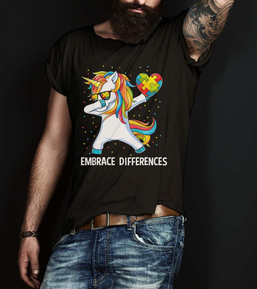 Embrace Differences Autism Awareness Unicorn Dab Puzzle Heart T-Shirt
