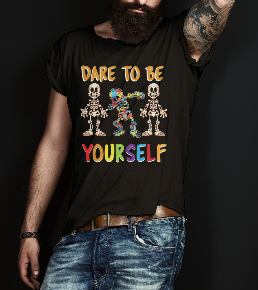 Dare To Be Yourself Autism Awareness Day Skeleton Dabbing T-Shirt