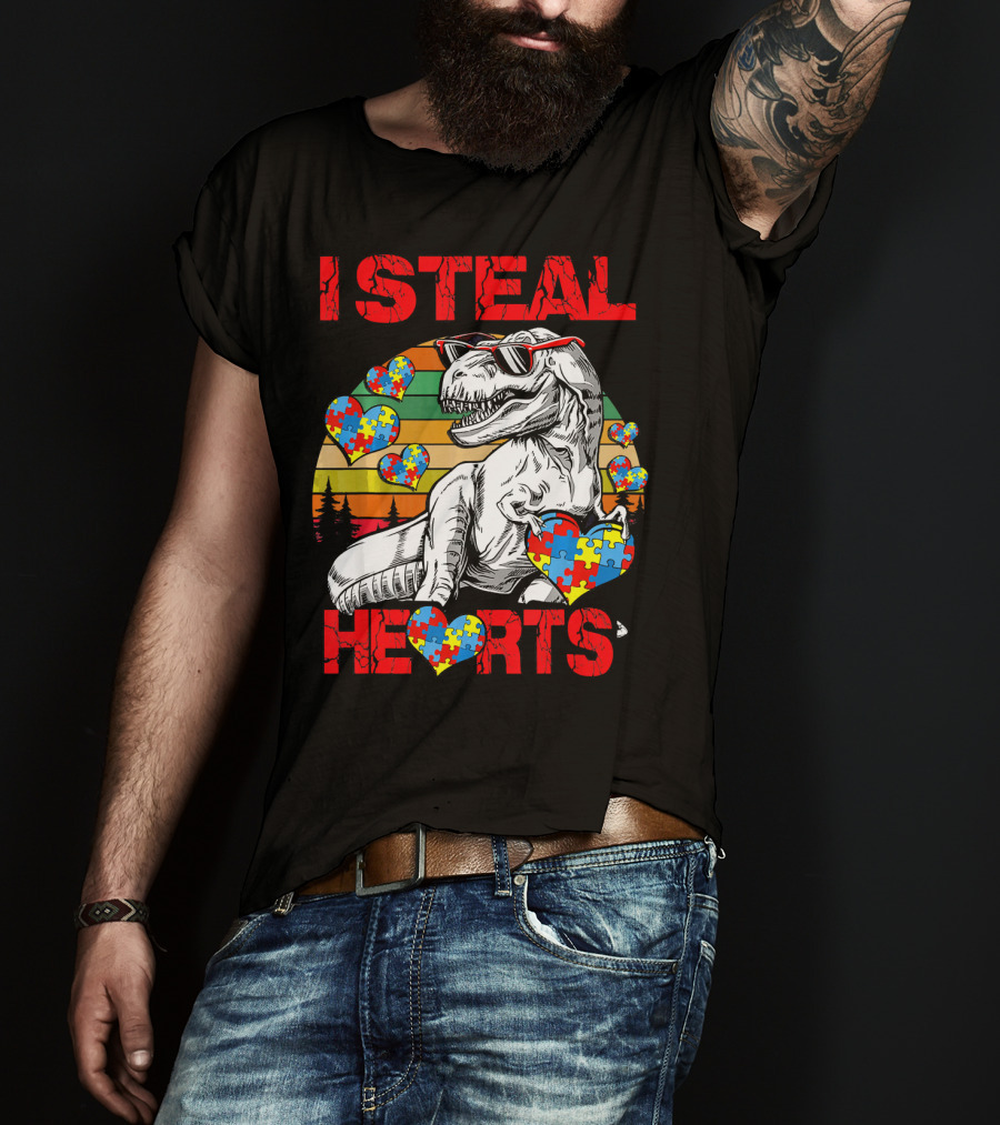 I Steal Hearts Autism Awareness Vintage Dinosaur T-Shirt