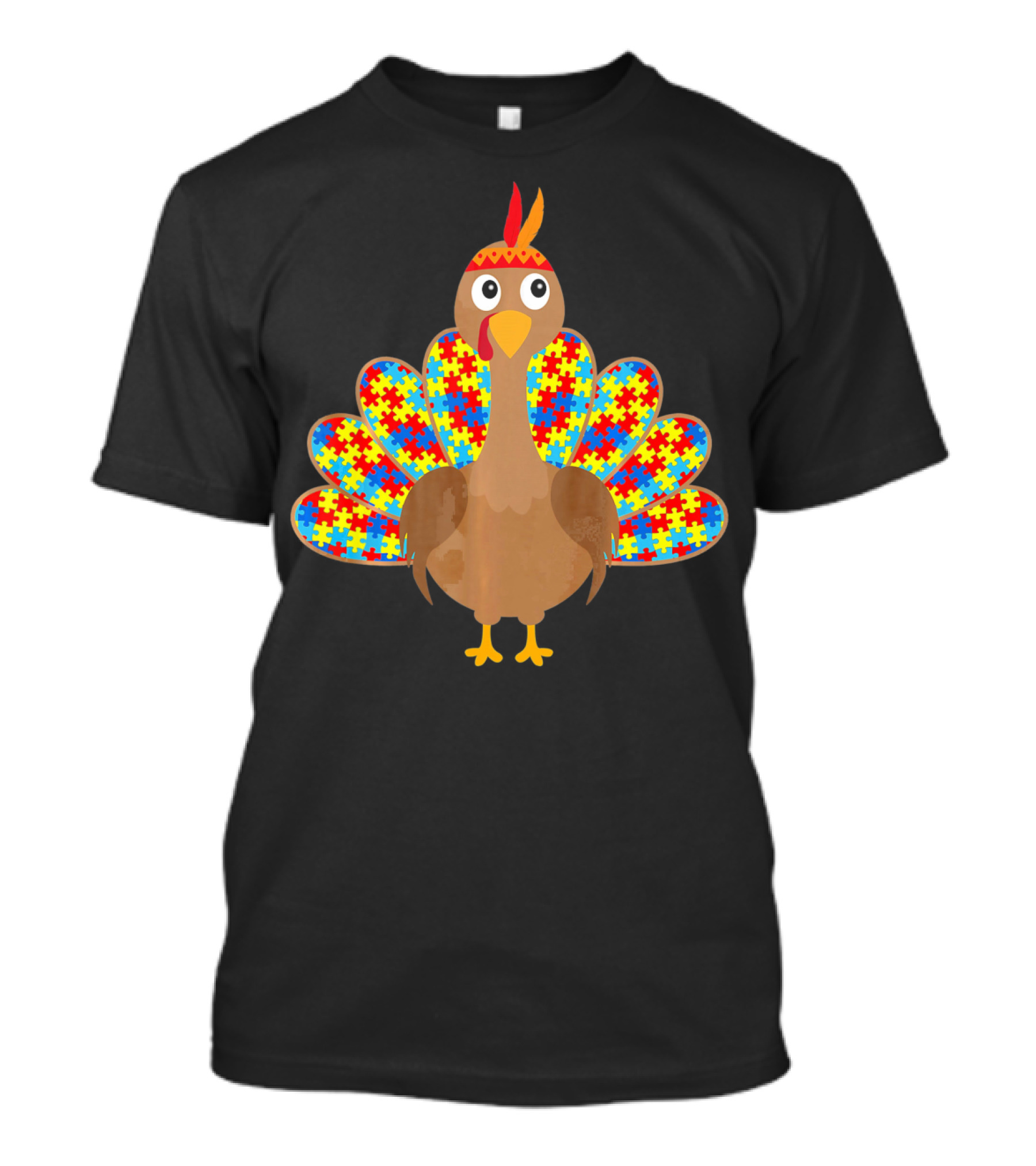 Cute Turkey With Autism Awareness Puzzle Pattern Tail T-Shirt